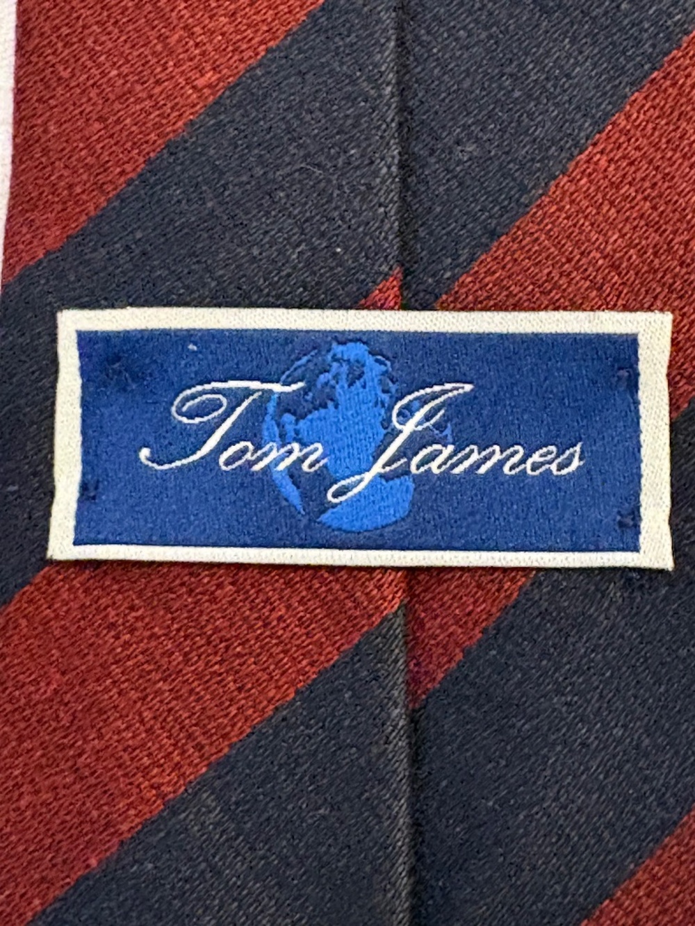 Tom James Burgundy Navy Striped Wool Blend Necktie Classic Preppy 3.25"
